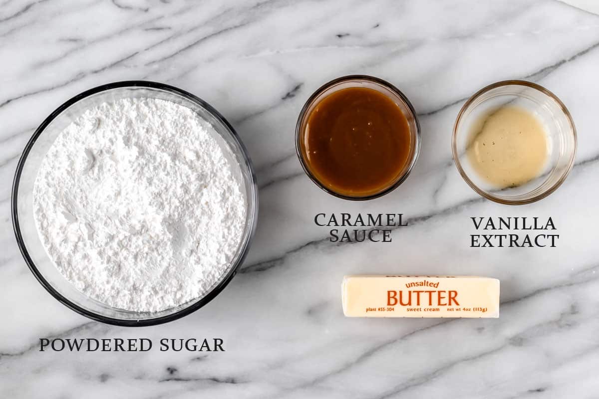 Ingredients to make caramel buttercream frosting with text overlay.