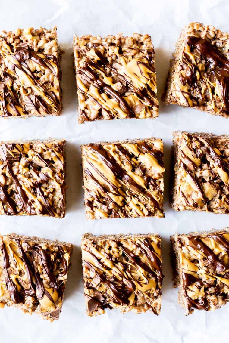 9 Chocolate Peanut Butter Rice Krispies Treats on a white background