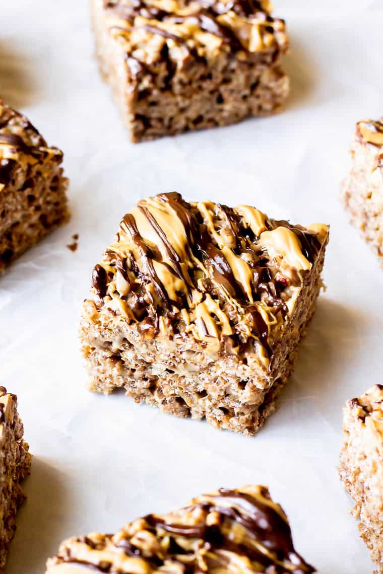 Chocolate Peanut Butter Rice Krispies Treats on a white background