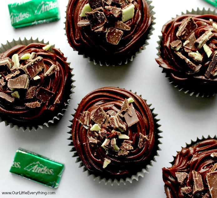 Dark Chocolate Mint Cupcakes Topped with Chocolate Ganache and Chopped Andies Candies
