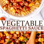 Two images of vegetable spaghetti sauce with text overlay between them.