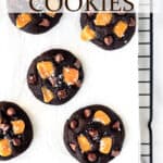 Dark chocolate salted caramel cookies with text overlay.