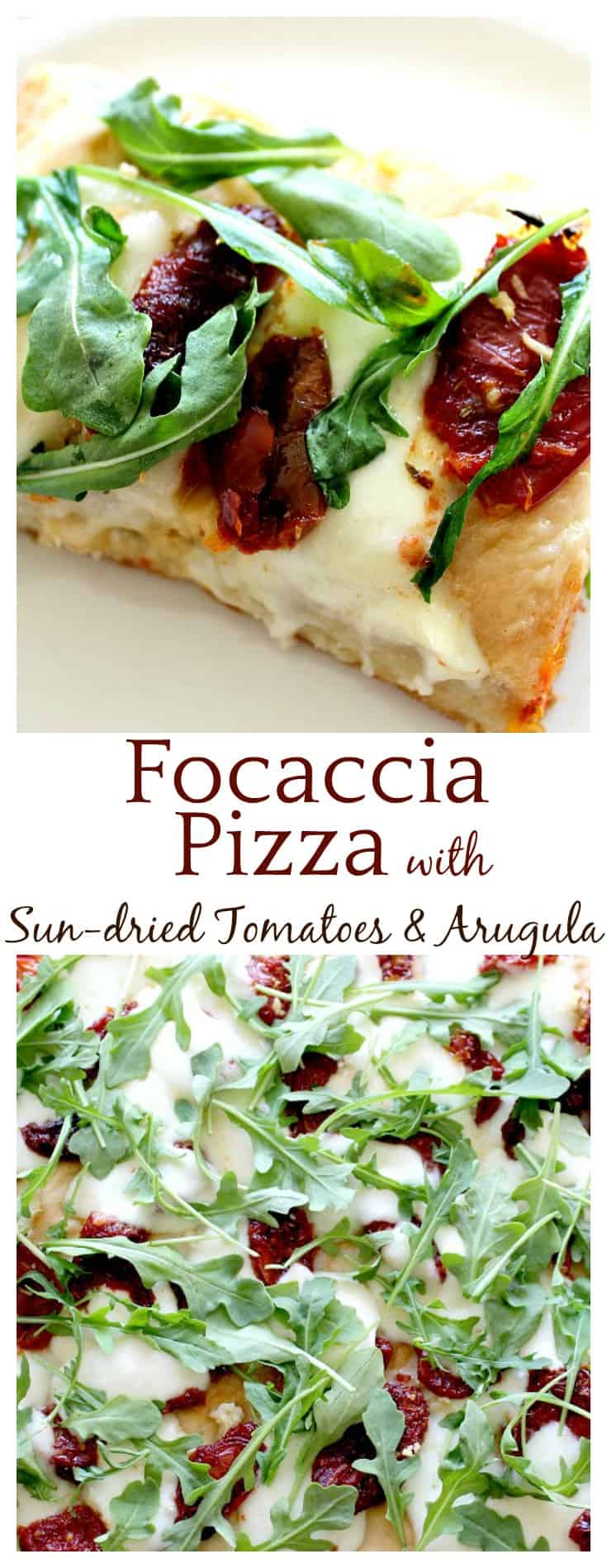 This focaccia pizza crust recipe is the perfect base for fresh mozzarella, sun-dried tomatoes, and arugula! Even the kids ate it and loved it! 
