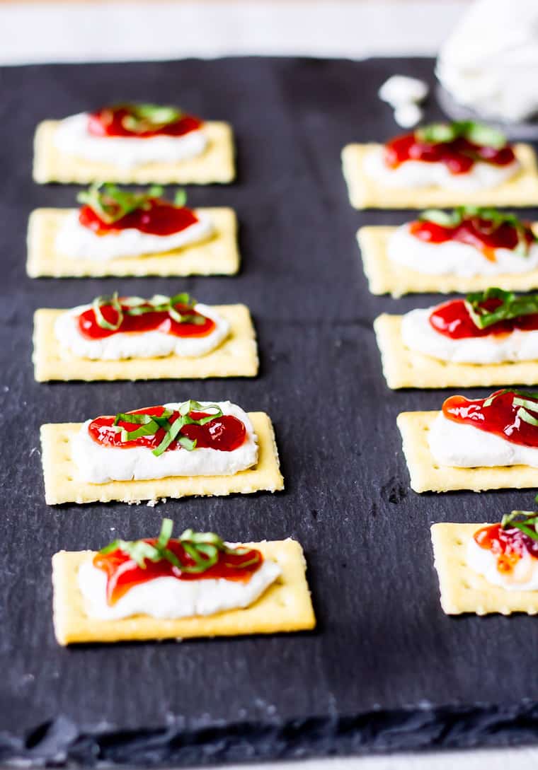 Strawberry Goat Cheese Crackers on a piece of gray slate