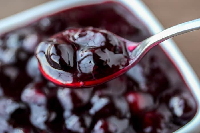 Close up of a Spoonful of Blueberry Sauce being lifted out of a white dish filled with more sauce
