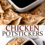 Two images of chicken potstickers with text overlay between them.