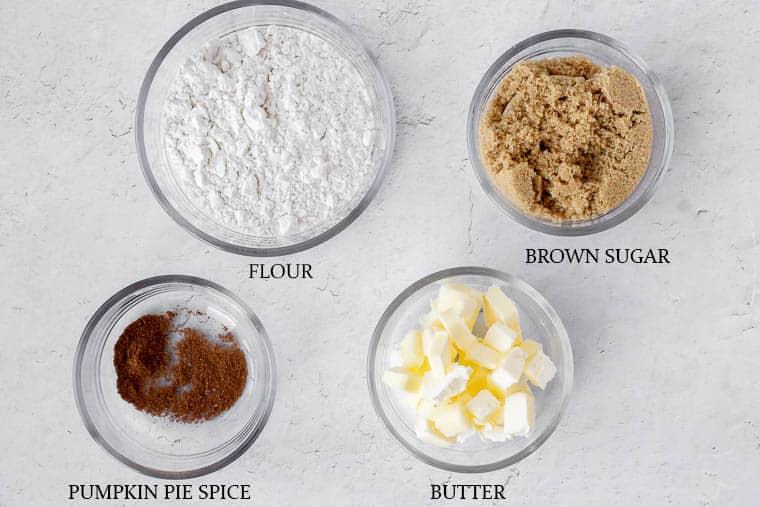 Ingredients for coffee cake crumb topping on a white background with labels