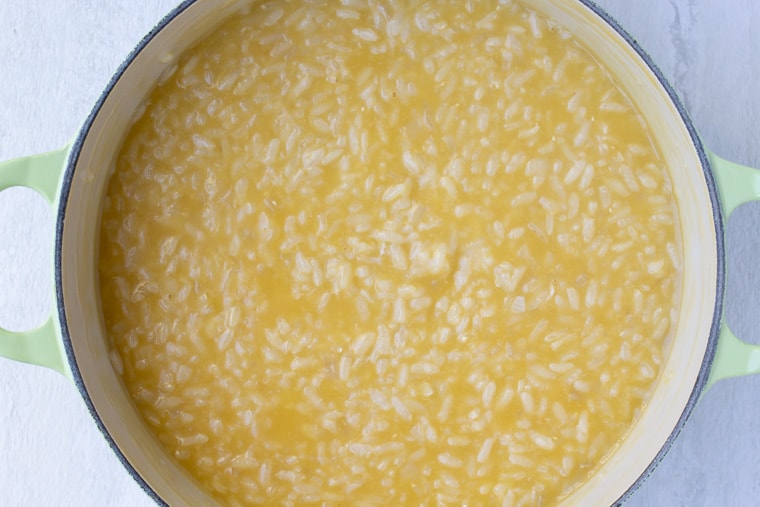 Arborio rice cooking in chicken stock