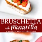 Two images of bruschetta with text overlay between them.