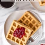 Peanut butter and jelly waffles with text overlay.