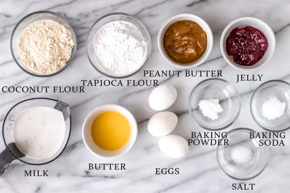 Ingredients to make gluten free peanut butter waffles with text overlay.