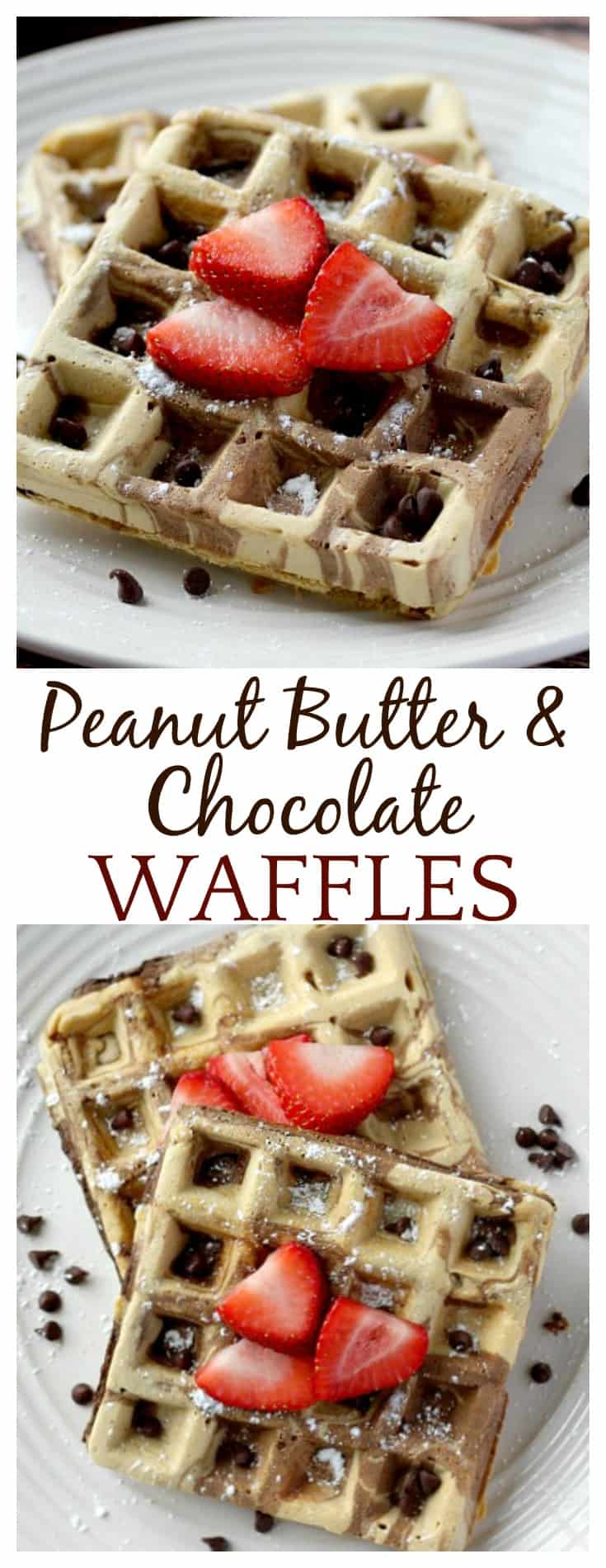 These Peanut Butter and Chocolate Swirled Waffles are the perfect breakfast recipe for all the peanut butter and chocolate lovers out there! Serve with powdered sugar and strawberries or jam for breakfast, or add chocolate sauce for brunch! Try making a waffle ice cream sundae for dessert! The possibilities are endless!