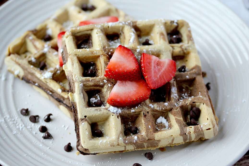 Peanut Butter and Chocolate Swirled Waffles - Delicious Little Bites