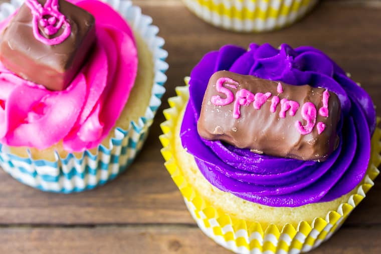 2 vanilla cupcakes with purple and pink icing and chocolate candies on top on a wood background