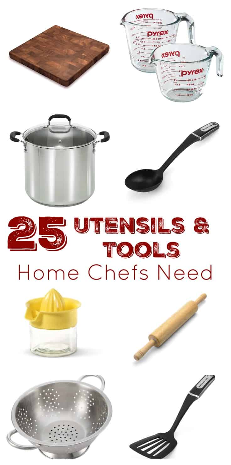 Check out this list of 25 utensils and tools home chefs need! It's a great resource to stock your own kitchen, for gift ideas, or to help a first time home owner have everything they need to make the food they love! A great resource for all foodies and people who love to cook! | www.DeliciousLittleBites.com