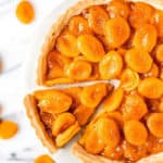 Apricot tart with text overlay.