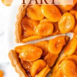 Apricot tart with text overlay.