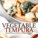 Two images of vegetable tempura with text overlay between them.