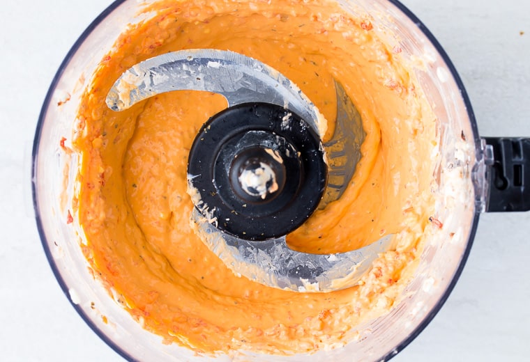 Blended Roasted Red Pepper Spread in a food processor