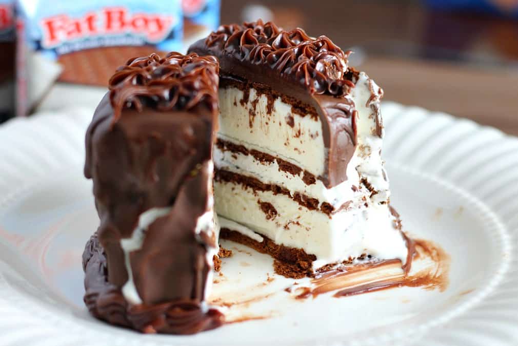 Ice Cream Sandwich Cake Sliced in Half on a white plate