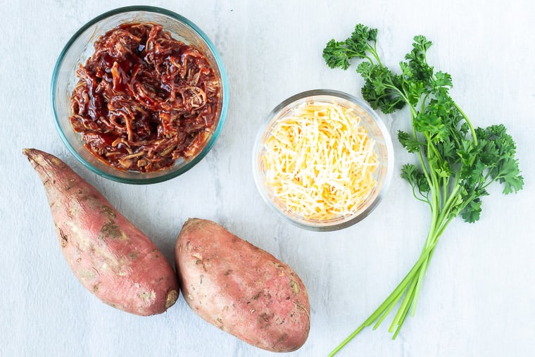 Ingredients needed to make barbecue pulled pork sweet potato rounds