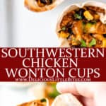 Two images of southwestern chicken wonton cups with text overlay between them.