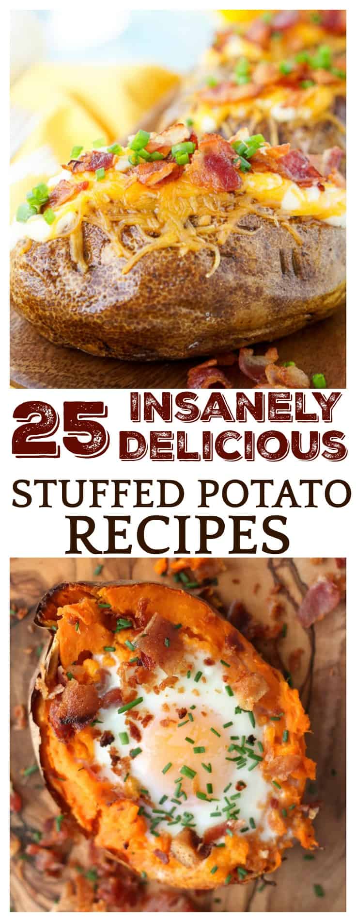 These 25 Insanely Delicious Stuffed Potato Recipes are all so amaing, it will be hard to decide which to try first! From loaded white potatoes to stuffed sweet potatoes, this list has it all! There are even recipes for potato skins and loaded smashed potatoes as well! 