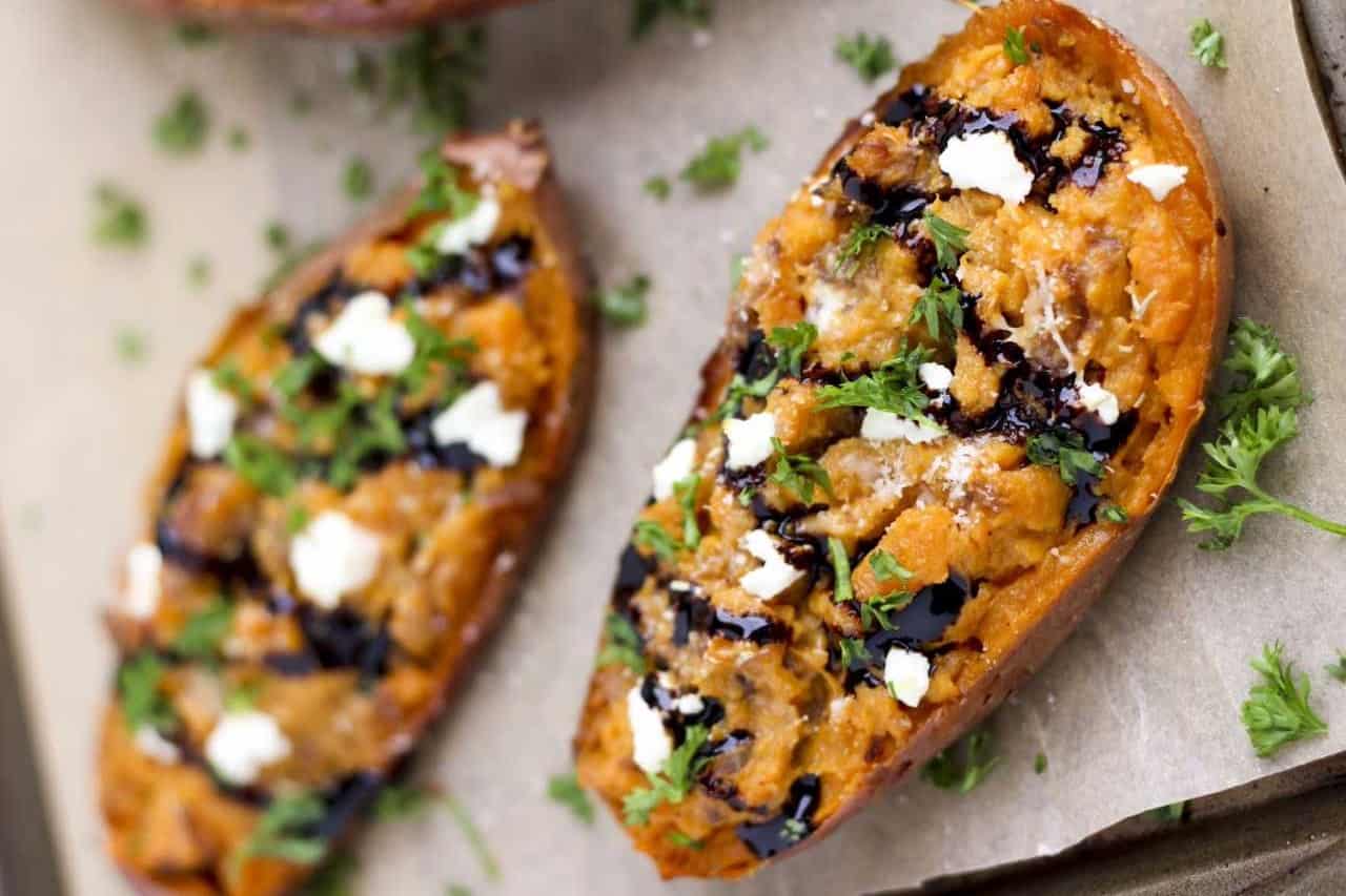 Sweet Potatoes Stuffed with Balsamic Onions and Goat Cheese
