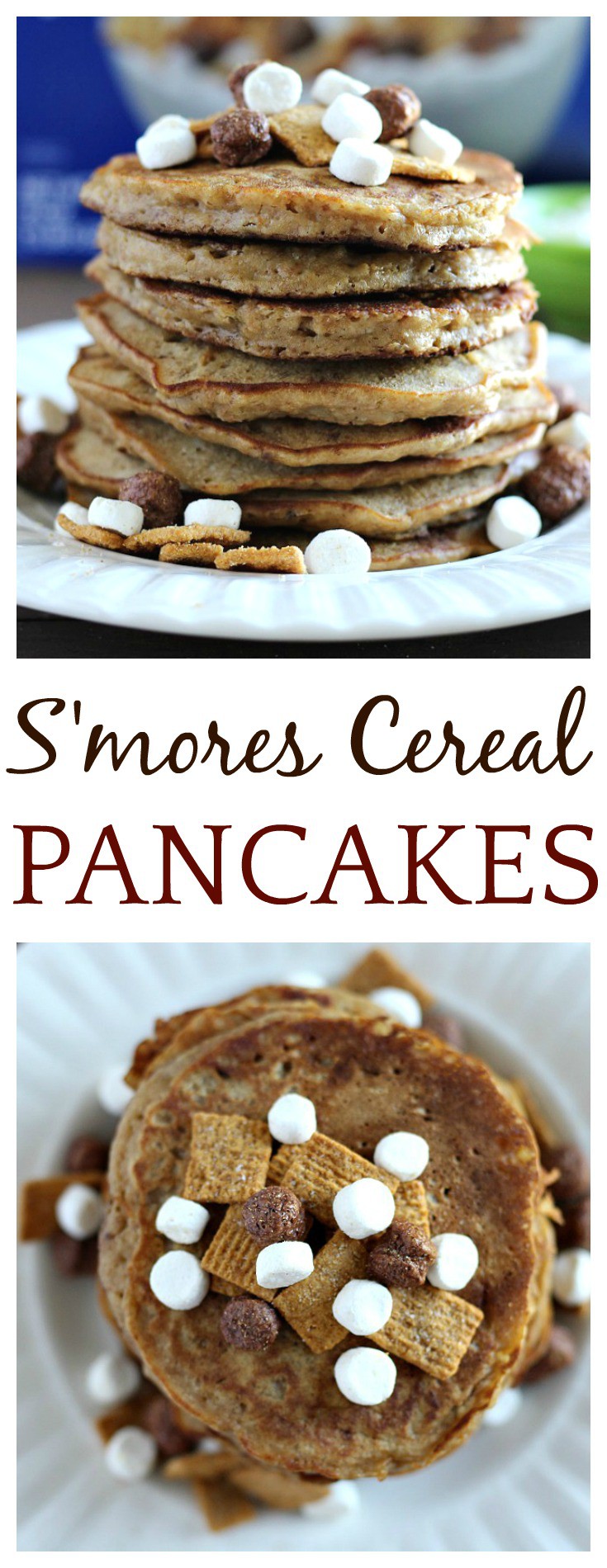 Have a little more fun in the morning with this easy breakfast recipe for delicious S'mores Cereal Pancakes! Kids and adults with love them! | pancakes recipe, brunch recipe, s'mores recipe