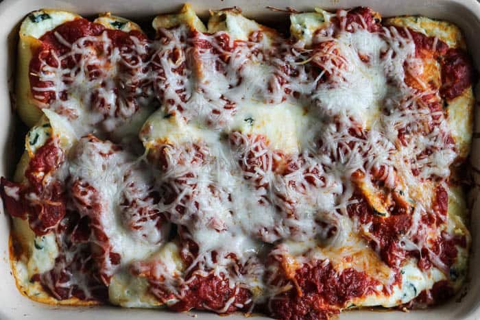 Baked Three Cheese Stuffed Shells in a casserole dish