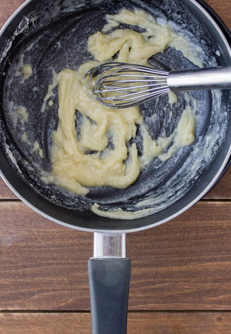 Butter and Flour in a Saucepan with a Whisk over a wood background