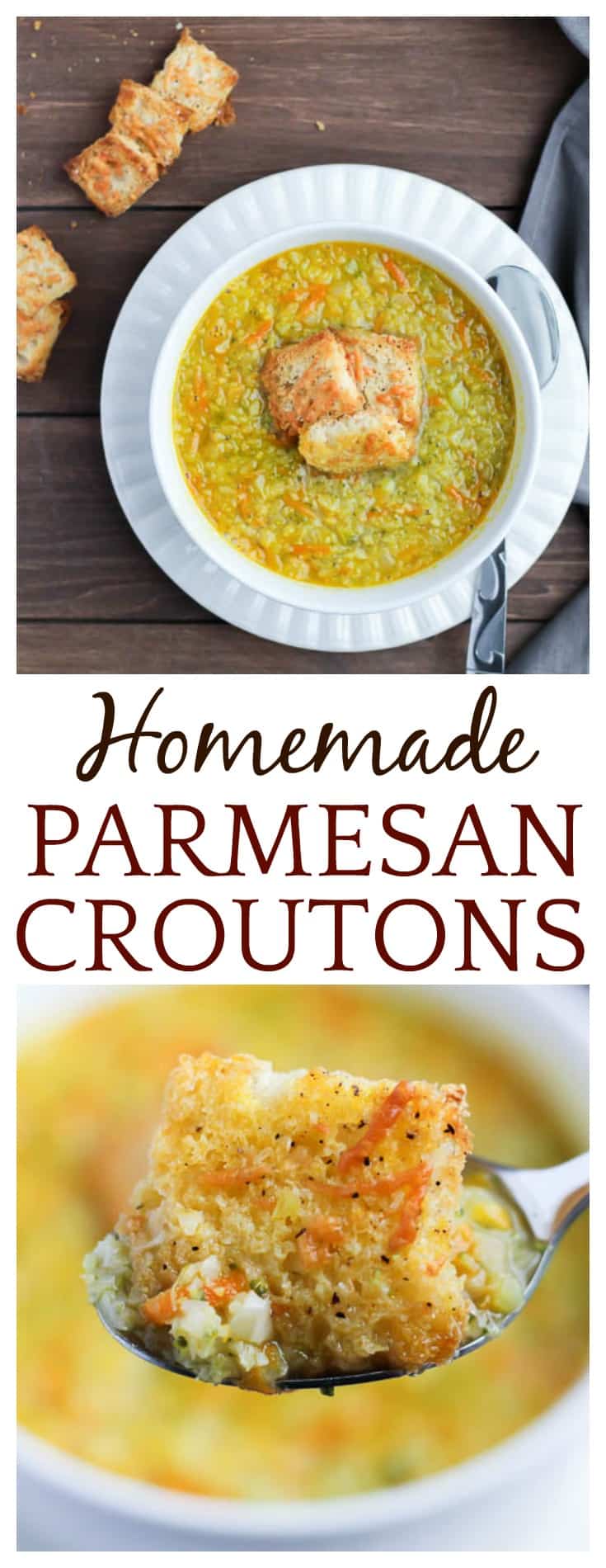 Once you see how easy and delicious Homemade Parmesan Croutons are, you will never go back to store-bought! These homemade croutons taste great on top of soups and salads! | #DLB #croutons #homemade #soup #salad #easyrecipes