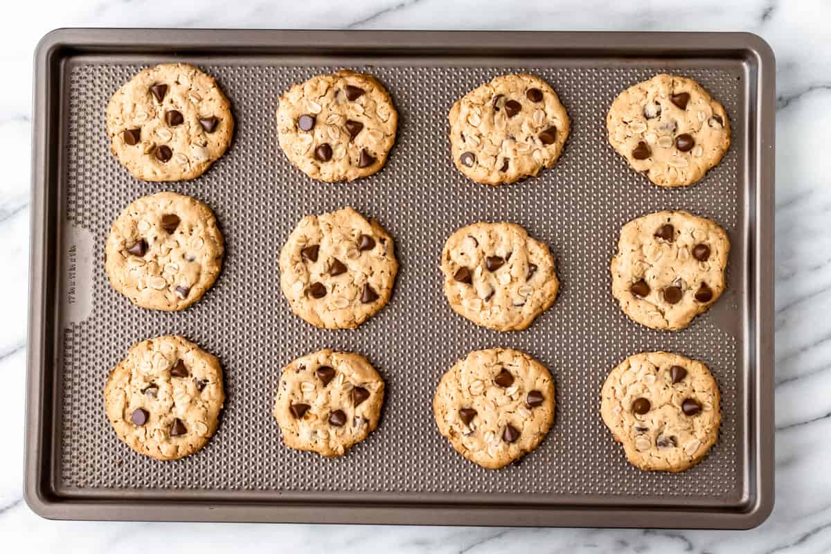 Baked oatmeal peanut butter chocolate chip cookies on a baking sheet.