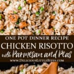 2 images of Chicken risotto with text overlay between them