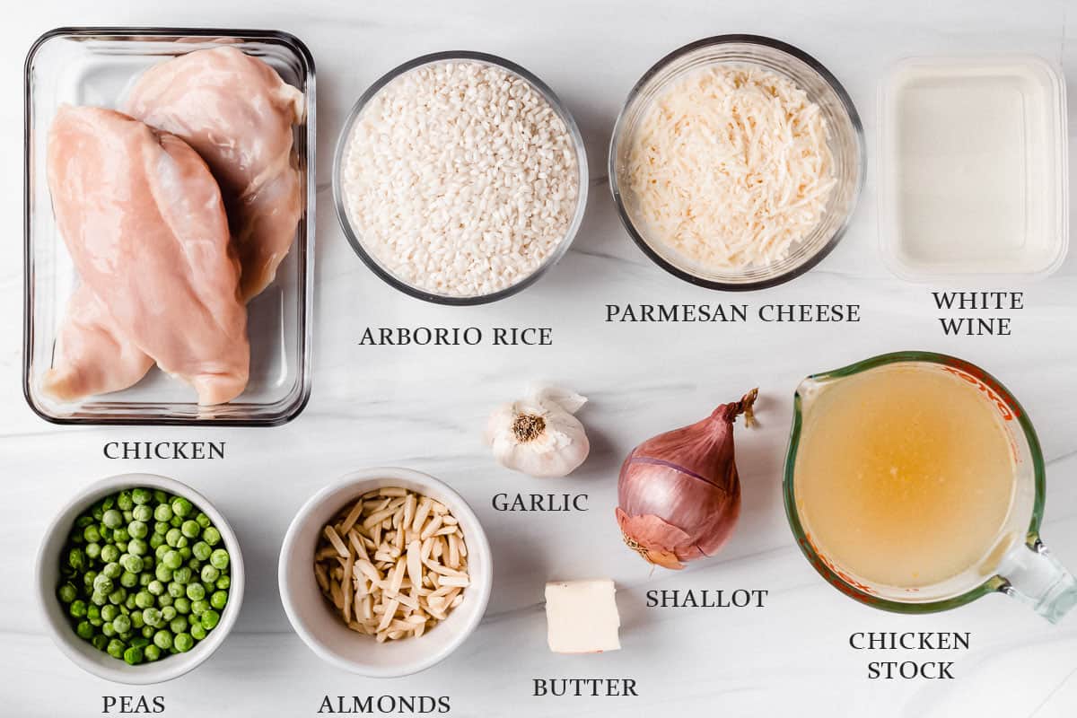 Ingredients to make chicken risotto on a white background with labels