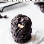 A stack of dark chocolate cookies with text overlay