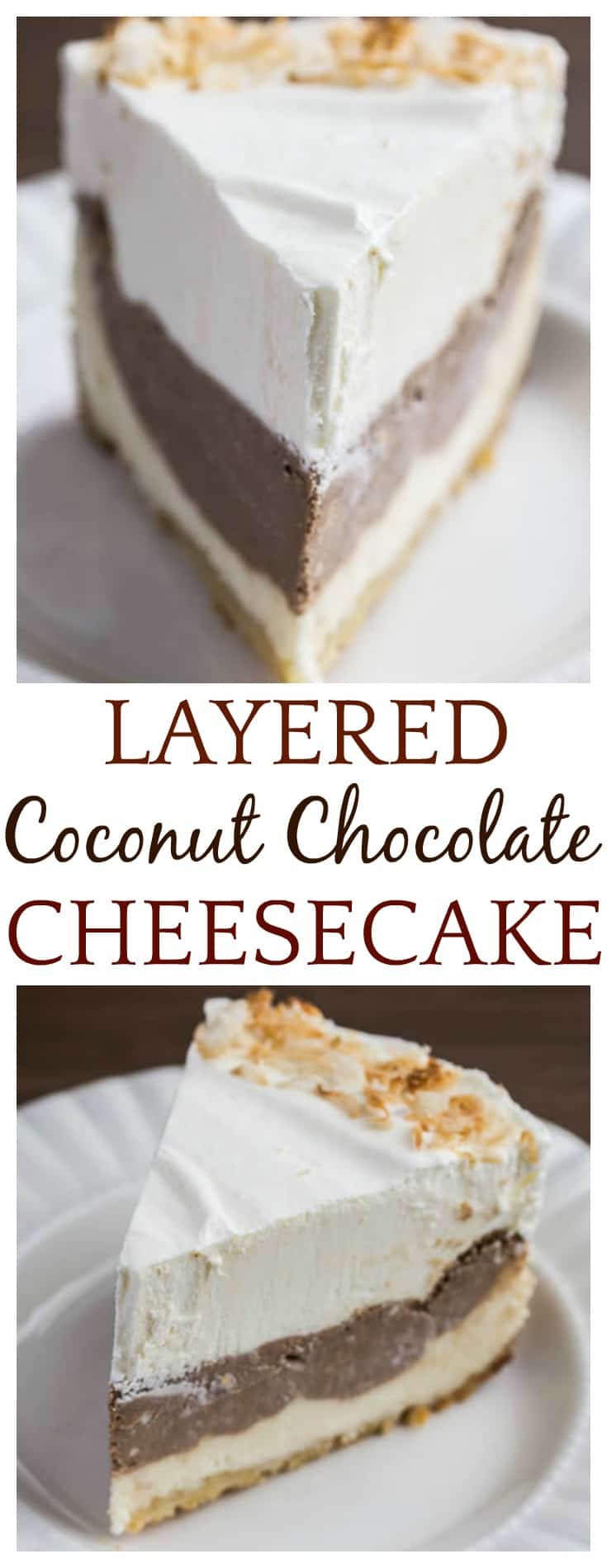 This Layered Coconut Chocolate Cheesecake is super indulgent, and easier to make than you might think! One layer is a really flavorful coconut cheesecake, while the other is a sweet, rich chocolate cheesecake! The final layer is sweet homemade whipped cream! This is a surprisingly easy recipe to make! | #cheesecake #coconutcheesecake #chocolatecheesecake #easyrecipes #DLB #dessert