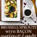 2 images of Brussels sprouts on a serving dish with text overlay between them