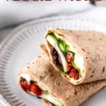 A Greek veggie wrap with text overlay.