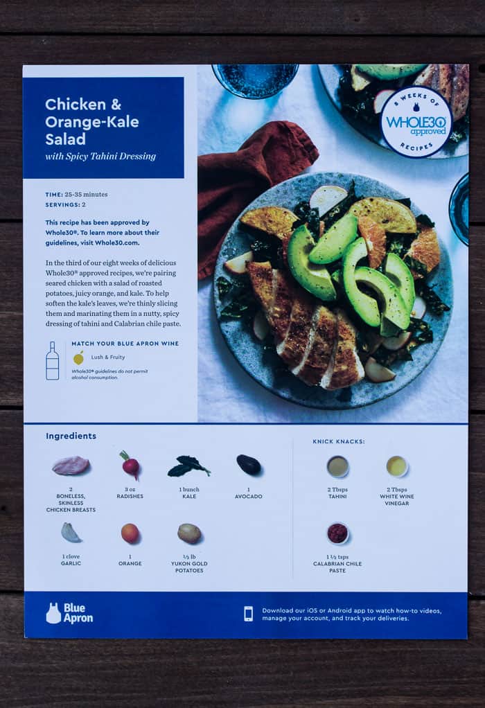 Blue Apron Recipe Card for Whole 30 Chicken & Orange-Kale Salad