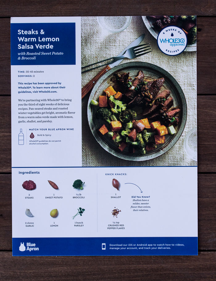 Blue Apron Recipe Card for Whole 30 Steaks & Warm Lemon Salsa Verde
