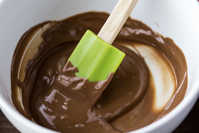A Close Up of a White Bowl of Melted Chocolate with a green spatula