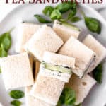 cucumber tea sandwiches with text overlay.