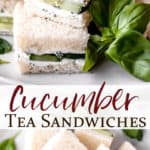 2 images of cucumber tea sandwiches with text overlay between them.
