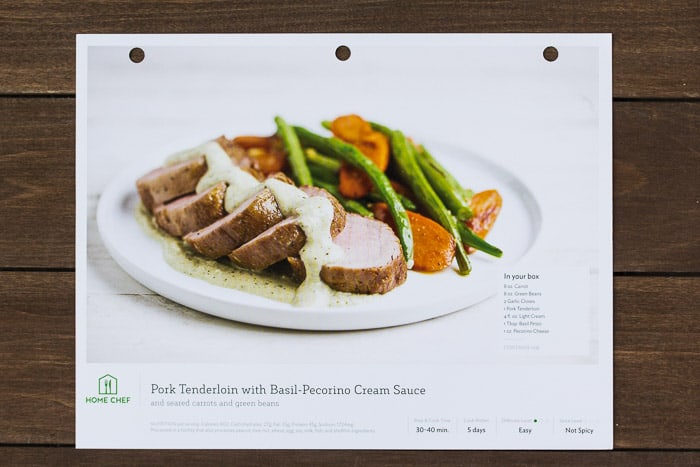 Home Chef Pork Tenderloin with Basil-Pecorino Cream Sauce Recipe Card