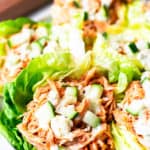 Close up of a Buffalo Chicken Lettuce Wrap on a white plate with more wraps blurred in the background with a cutting board, cucumber slices, blue cheese, and a blue and white towel.
