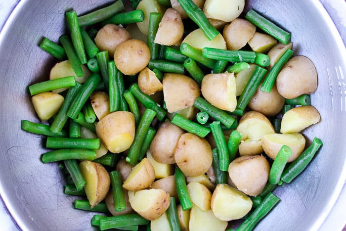 Green Beans and Potatoes in a Silver Bowl