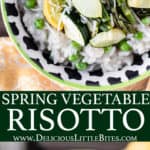 2 images of spring risotto with text overlay between them