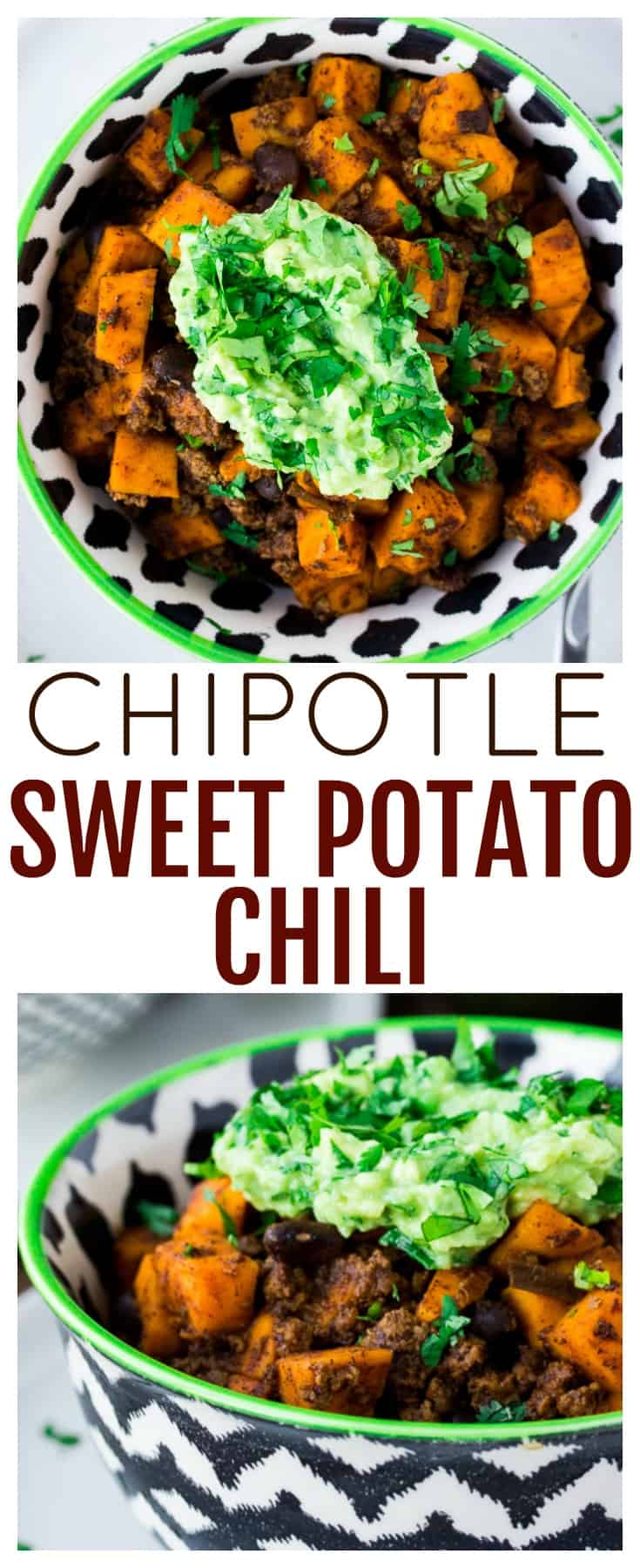 This Chipotle Sweet Potato Chili recipe with added beef and black beans is hearty, sweet, and smoky! Top it with a simple Cilantro Lime Avocado Smash for a bit of cool zest in every bite! | #dlbrecipes #chili #sweetpotatochili #chipotlechili #chilirecipe