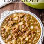 A bowl and pot of split pea soup with text overlay